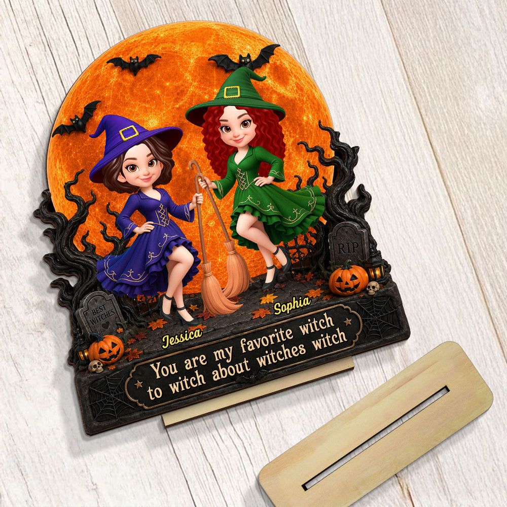 Personalized 2-Layer Wooden Plaque with Witch Friends & Orange Moon, Unique Gift for Close Friends
