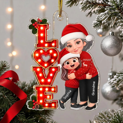 Personalized Acrylic Ornament, Grandma Hugging Granddaughter in Red Christmas Style, Creative Gift for Grandma