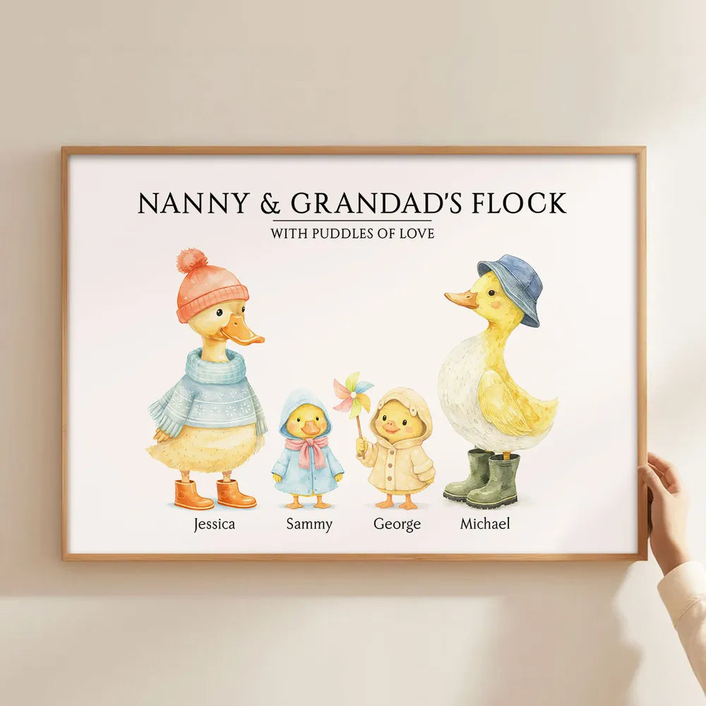 Personalized Grandparents Poster, Cute Watercolor Duck Family Wall Art, Unique Gift for Grandma & Grandpa, Warm Home Decor