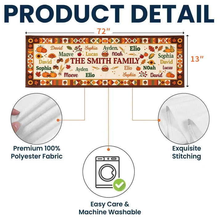 Custom Family Table Runner with Names, Rustic Fall Pumpkin and Sunflower Design, Thanksgiving Dining Table Decor Gift