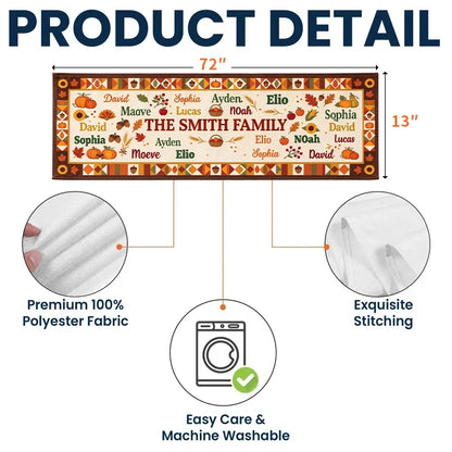 Custom Family Table Runner with Names, Rustic Fall Pumpkin and Sunflower Design, Thanksgiving Dining Table Decor Gift
