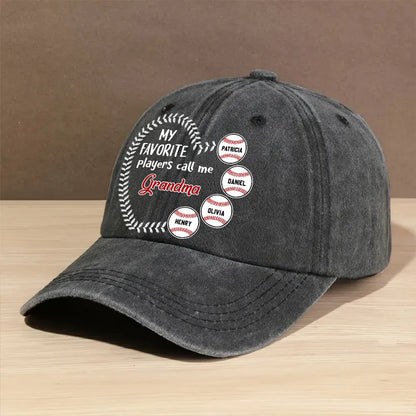 Personalized Washed Denim Baseball Cap, My Favorite Players Call Me Grandma, Vintage Baseball Gift for Grandma