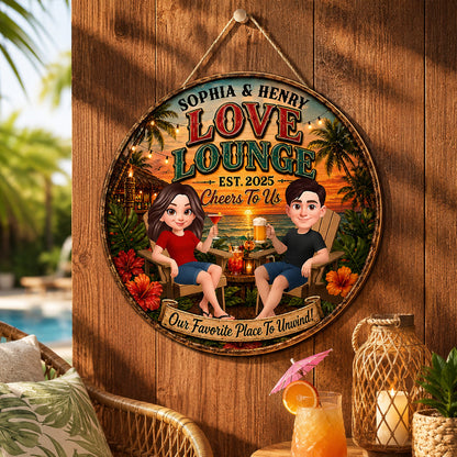 Personalized Wooden Sign, Couple Holding Drinks at Sunset Lounge, Unique Gift for Partners