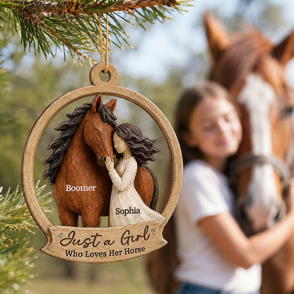 Personalized Wooden Ornament, Girl Hugging Horse in Rustic Brown Tones, Unique Christmas Gift for Horse Lover