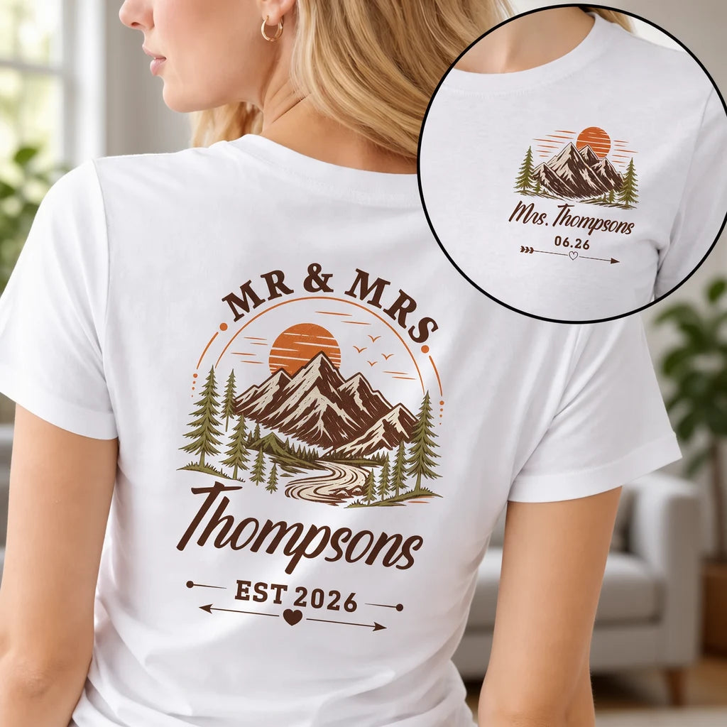 Personalized Dual Print Classic Tee, Mountain Sunset Couple Design, Unique Wedding Gift for Outdoor Lovers