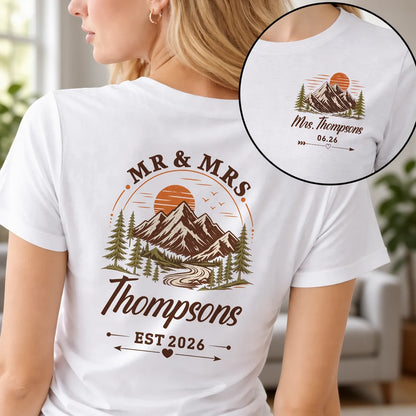 Personalized Dual Print Classic Tee, Mountain Sunset Couple Design, Unique Wedding Gift for Outdoor Lovers