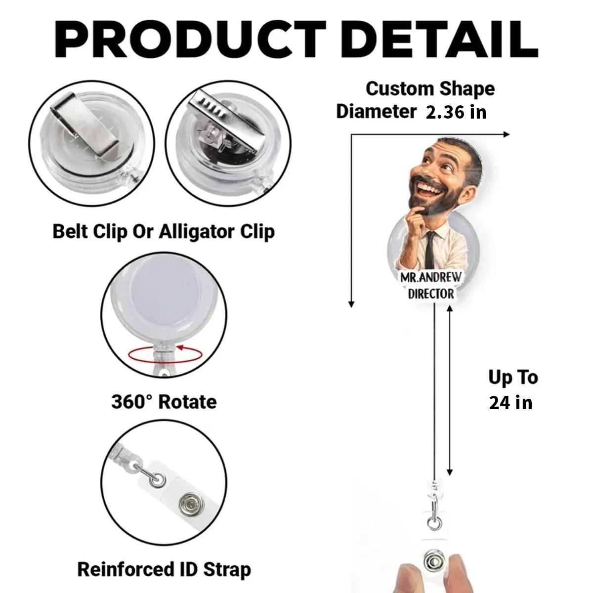 Personalized Acrylic Badge Reel with Smiling Office Character, Creative Gift for Coworkers