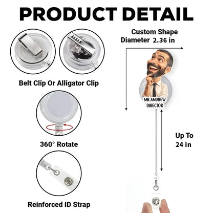 Personalized Acrylic Badge Reel with Smiling Office Character, Creative Gift for Coworkers