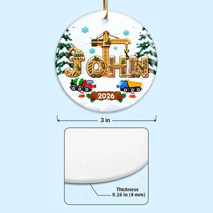 Personalized Ceramic Ornament with Bright Christmas Construction Trucks, Unique Gift for Kids and Grandkids