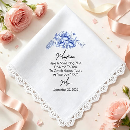 Personalized Blue Floral Cotton Handkerchief, Unique Wedding Gift for Bride From Mom