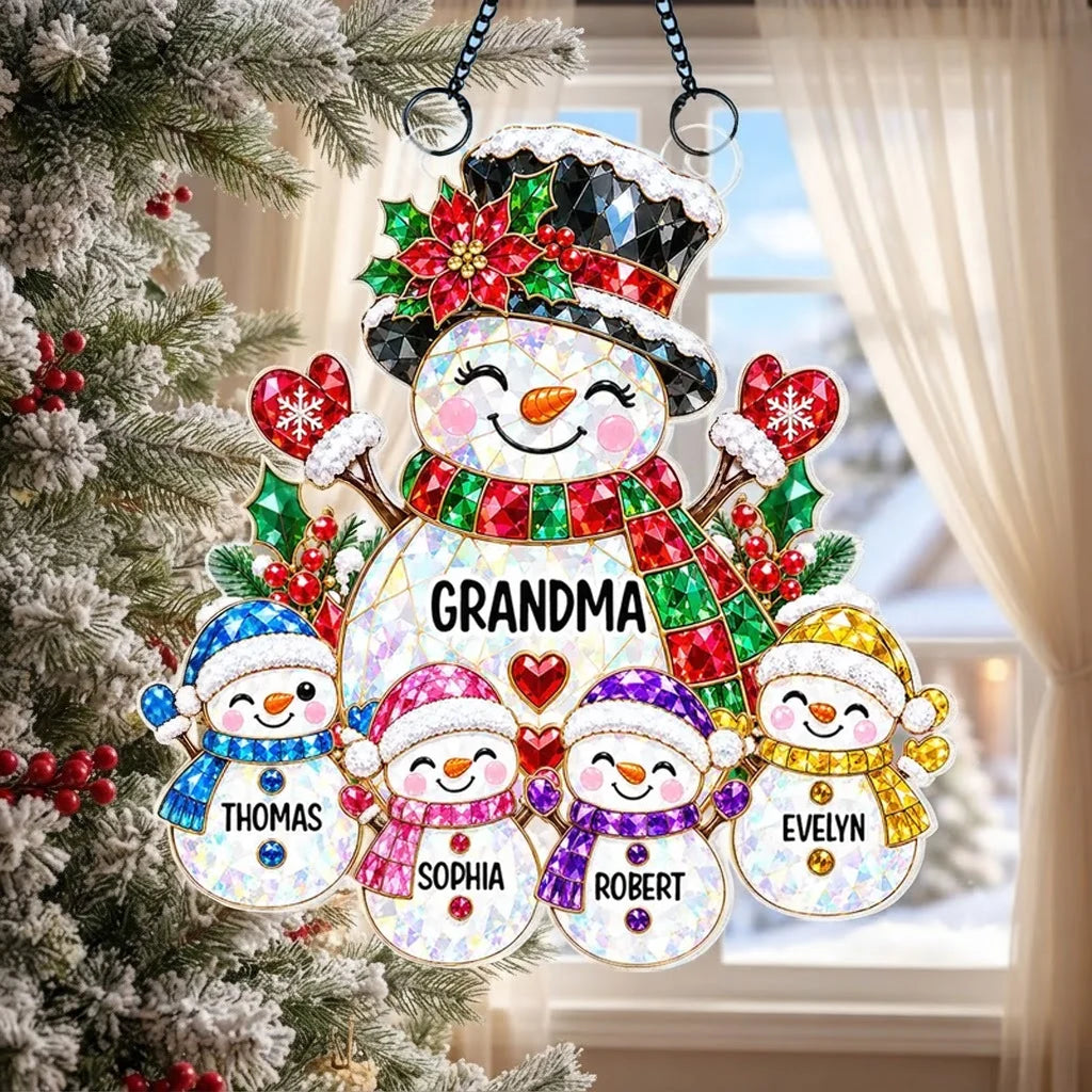 Personalized Grandma Snowman Acrylic Suncatcher Ornament, Colorful Christmas Window Decor, Unique Gift for Grandma