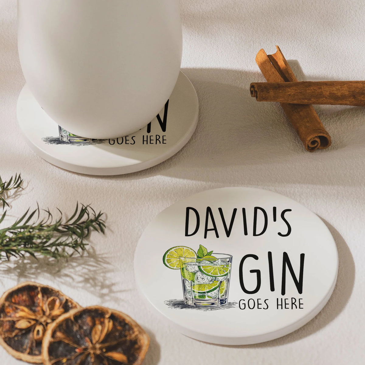 Personalized Round Ceramic Coaster with Custom Drink Text and Cocktail Illustration, Funny Bar Cart Decor, Unique Gift for Him or Her