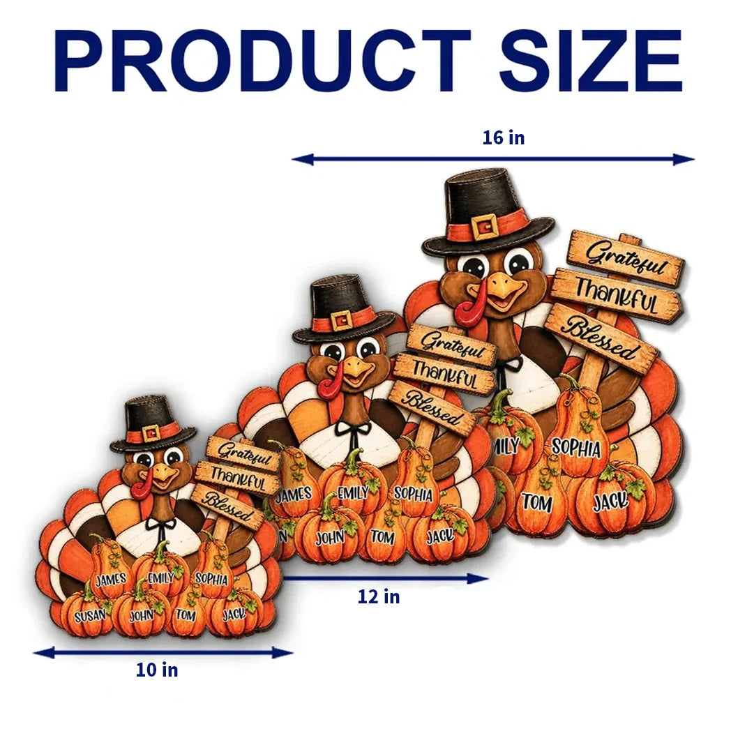 Personalized Wooden Sign with Pilgrim Turkey, Pumpkins and Grateful Thankful Blessed, Unique Rustic Gift for Family