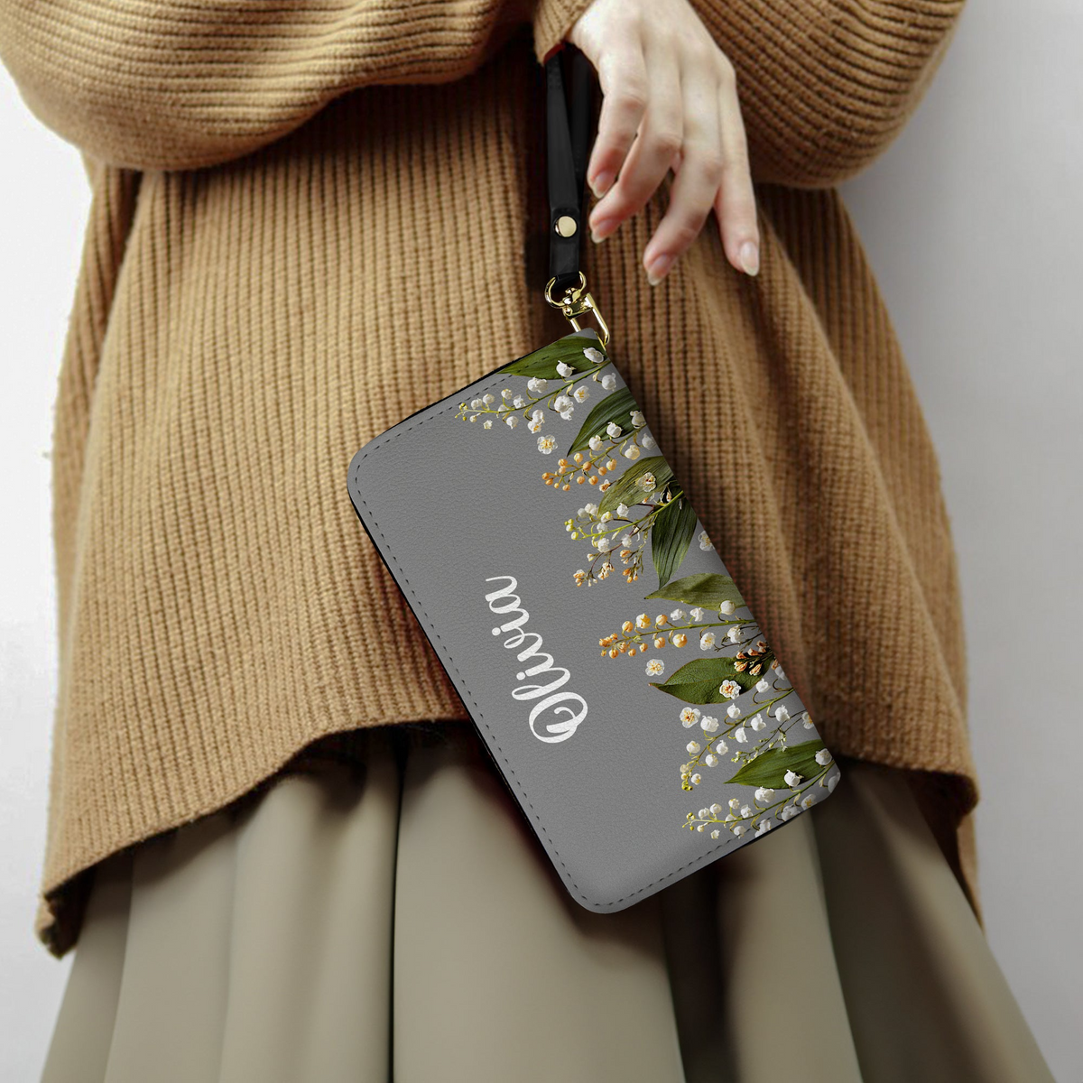 Personalized Leather Long Wallet with Birth Flower Design, Unique Gift for Mom, Grandma & Sister