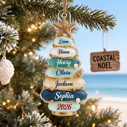 Personalized Acrylic Ornament, Coastal Stone Christmas Tree & Starfish, Unique Family Gift