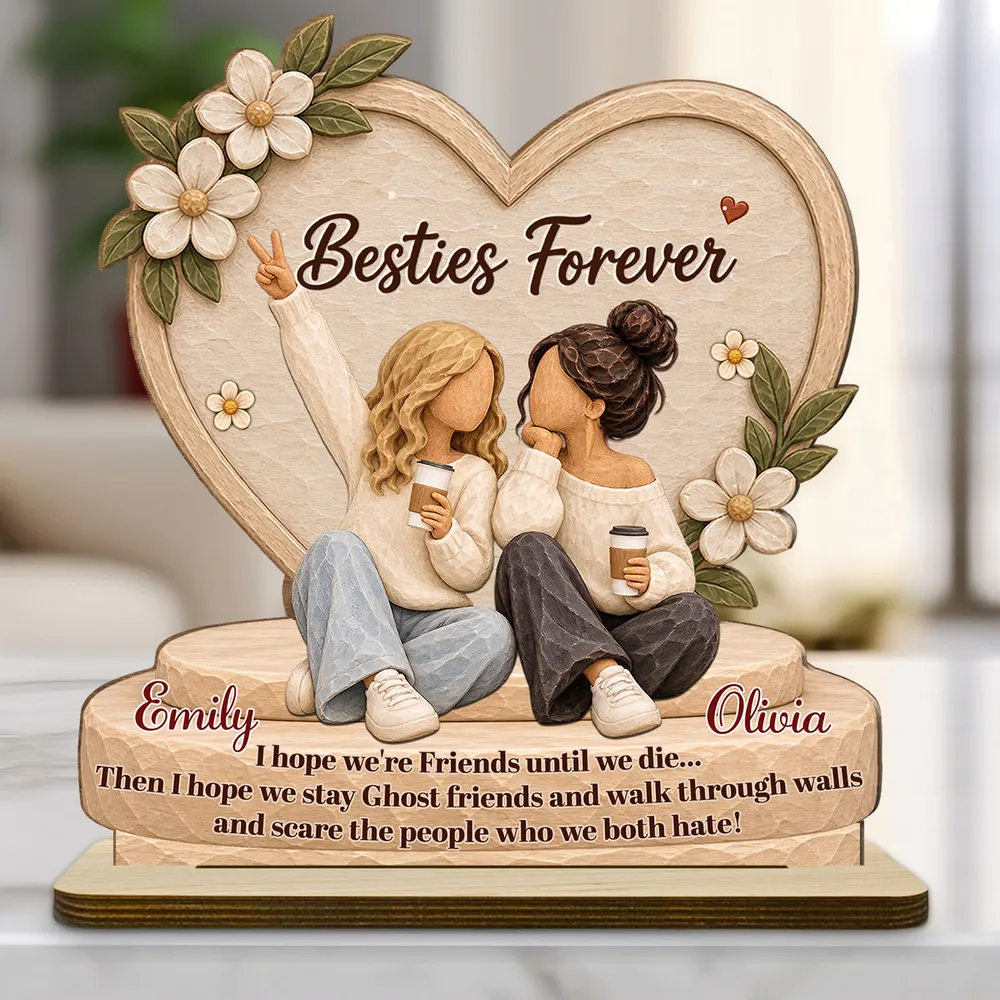 Personalized Wooden Plaque, Besties Forever, Seated Friends Holding Coffee, Unique Gift