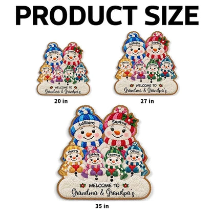 Personalized Shaped Doormat, Cute Snowman Grandparents & Grandkids at a Christmas Entryway, Unique Family Gift