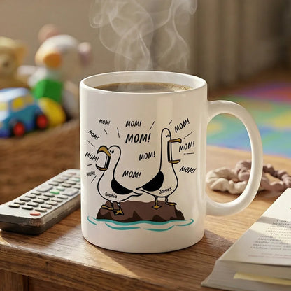 Mom Mom Mom Seagull Cartoon Ceramic Mug, Personalized Name Funny Daily Coffee and Tea Mug, Unique Gift for Mom