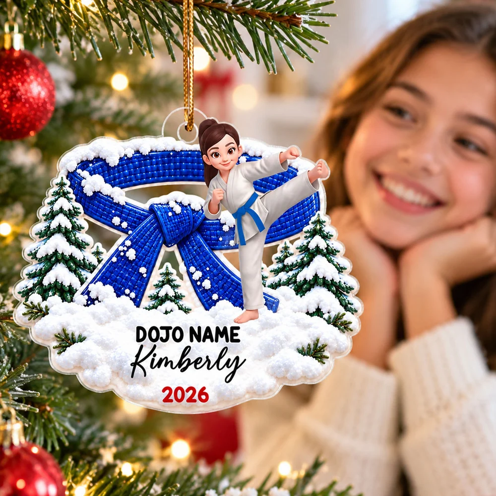 Personalized Karate Acrylic Ornament, High Kick in Snowy Pines, Unique Christmas Gift for Young Martial Artists