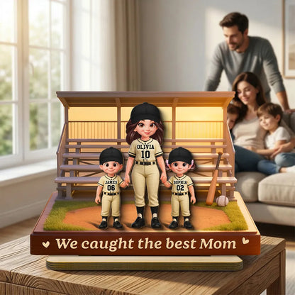 Personalized 2-Layer Wooden Plaque Baseball Bleachers Mom Holding Kids' Hands We Caught The Best Mom Unique Gift