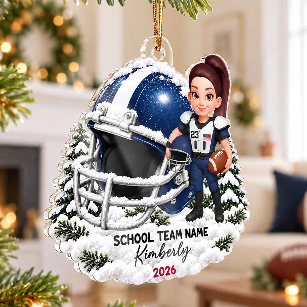 Personalized Acrylic Ornament, Snowy Football Player Scene, Unique Keepsake Gift for Son or Grandson