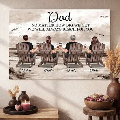 Personalized Dad Poster, Seated Family Beach Scene, Unique Gift For Dad With Vintage Coastal Warmth