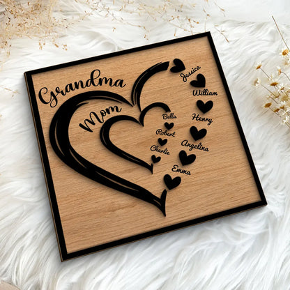 Personalized 2-Layer Wooden Plaque Heart-in-Heart Family Display, A Unique Gift For Grandma Or Mom