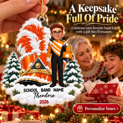 Personalized Acrylic Ornament, Proud Marching Band Memory in Snowy Pines, Creative Christmas Gift for Grandson