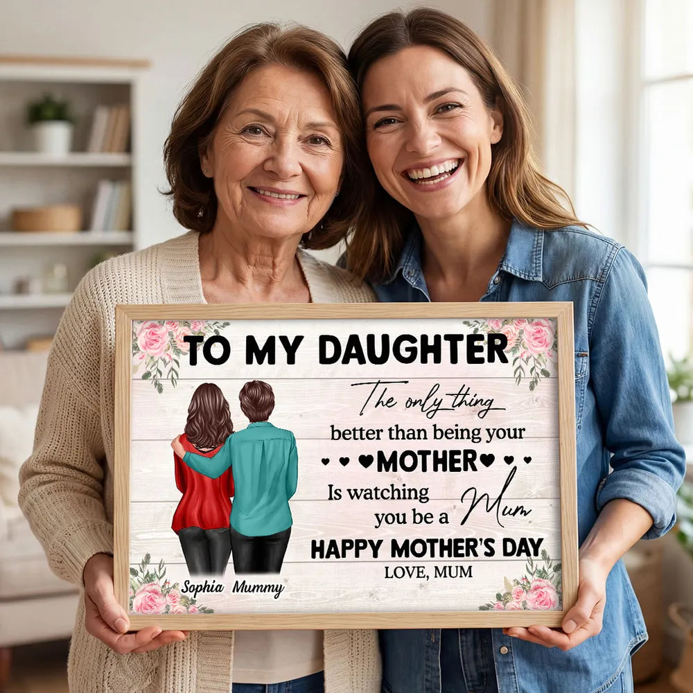 Personalized Mother's Day Message Poster with Mom and Daughter Hugging Illustration, Floral Wall Art, Unique Gift for Daughter