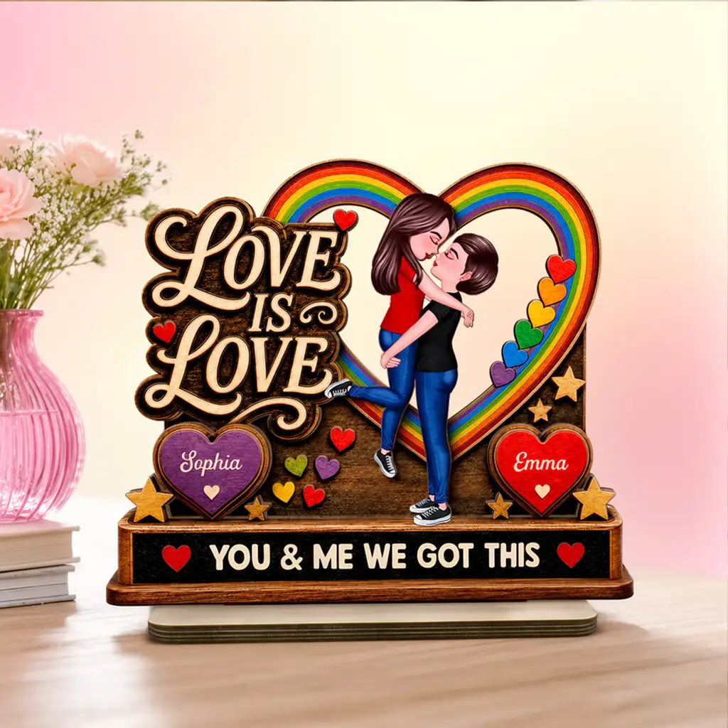 Personalized 2-Layer Wooden Plaque, Kissing LGBTQ Couple With Rainbow Heart, Unique Gift for Partner