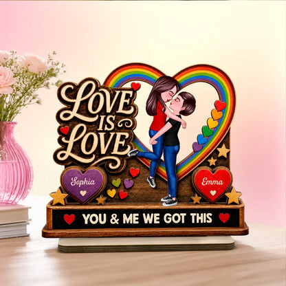 Personalized 2-Layer Wooden Plaque, Kissing LGBTQ Couple With Rainbow Heart, Unique Gift for Partner