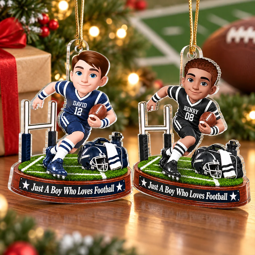 Personalized Acrylic Ornament, Cartoon Boy Playing Football by Goalpost, Unique Christmas Gift for Son or Grandson