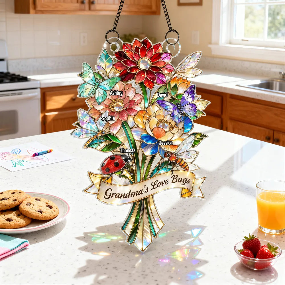 Personalized Acrylic Suncatcher Ornament Grandma's Love Bugs Bouquet for Window Decor, Unique Gift for Grandma