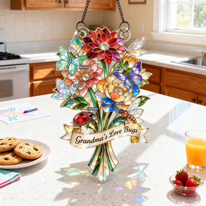 Personalized Acrylic Suncatcher Ornament Grandma's Love Bugs Bouquet for Window Decor, Unique Gift for Grandma