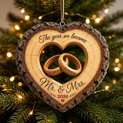 Personalized Acrylic Ornament, Heart Ring Wedding Keepsake, Unique Gift for Couple, Mr. & Mrs Holiday Decor