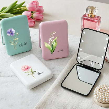 Personalized LED Pocket Mirror, Pastel Birth Flower Design, Unique Gift for Her