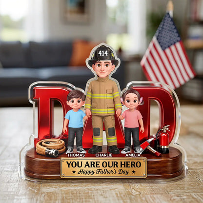 Acrylic Block Plaque with Firefighter Dad Holding Kids, Unique Hero Gift for Dad