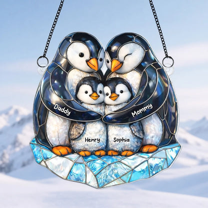 Personalized Penguin Family Acrylic Suncatcher Ornament for Window Decor, Cute Sunlight Reflection, Unique Gift for Mom