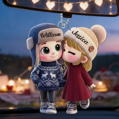Personalized Acrylic Car Hanger Cute Cartoon Kissing Couple in Winter Hats, Unique Romantic Gift for Husband or Wife