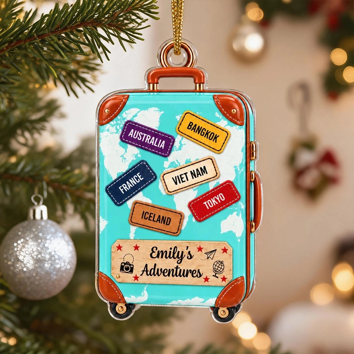 Personalized Acrylic Ornament, Turquoise Suitcase World Map Keepsake, Unique Travel Gift for Travelers