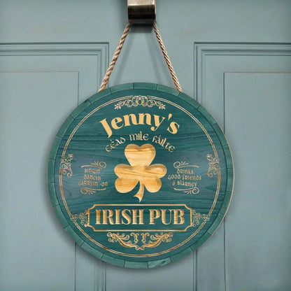 Personalized Irish Pub Clover Wooden Sign Round Green Bar Decor With Celtic Style Lettering Unique St. Patrick's Day Gift