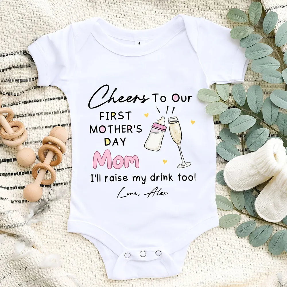 Short Sleeve Baby Onesie for First Mother's Day, Personalized Cheers Design with Baby Bottle and Toast, Sweet Gift Idea for New Mom