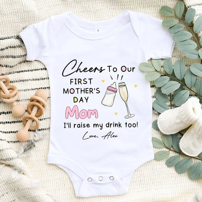 Short Sleeve Baby Onesie for First Mother's Day, Personalized Cheers Design with Baby Bottle and Toast, Sweet Gift Idea for New Mom