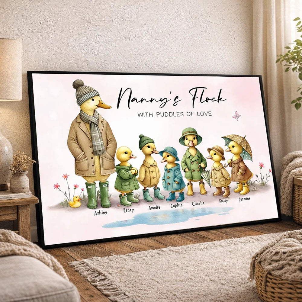 Personalized Nanny's Flock Poster, Cute Duck Family Wall Art, Unique Gift for Grandma or Nana, Warm Modern Decor
