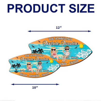 Poolside Paradise Wooden Sign, Personalized Sunny Beach Couple Illustration, Relax Unwind Enjoy, Creative Gift