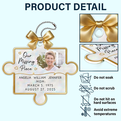 Personalized Acrylic Car Hanger Memorial Puzzle Piece with Photo, Bow & Hearts, Unique Sympathy Gift for Mom