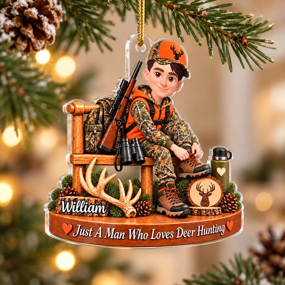 Personalized Acrylic Ornament, Custom Seated Deer Hunter Woodland Scene, Unique Christmas Gift for Dad