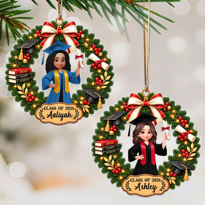 Personalized Acrylic Ornament, Graduate Holding Diploma in Red and Green Christmas Wreath, Creative Keepsake Gift