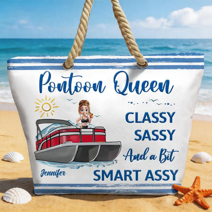 Pontoon Queen Rope Handle Canvas Bag, Personalized Boat Babe Cartoon Design, Fun Unique Gift for Lake Weekends