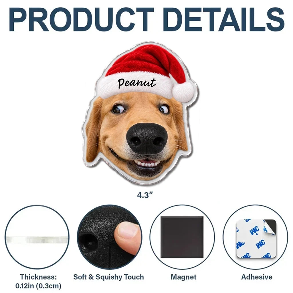 Custom Dog Face Fridge Magnet with Squishy Nose, Personalized Funny Pet Portrait with Santa Hat, Christmas Gift for Dog Owners